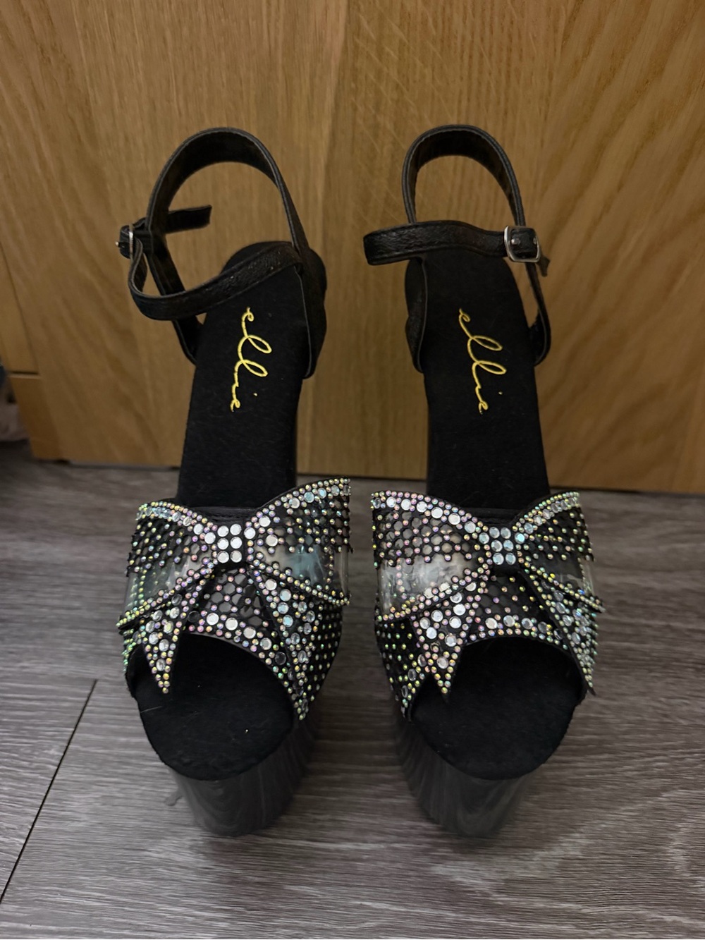 Ellie Black Platform Sandals with Iridescent Rhinestone Bow